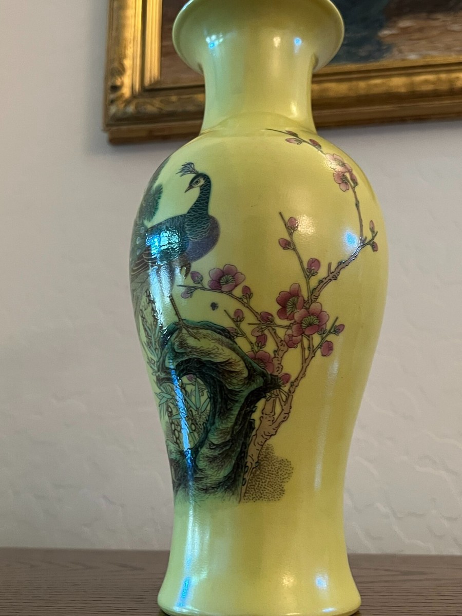 Antique Chinese Porcelain Vase Yellow Peacock and Flowers