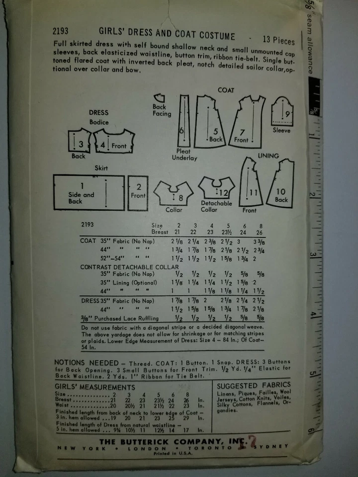 Butterick 2193 Dress Cape Coat Costume Sewing Pattern Girls 5 VTG Cut Fit Flare - Image 3 of 4