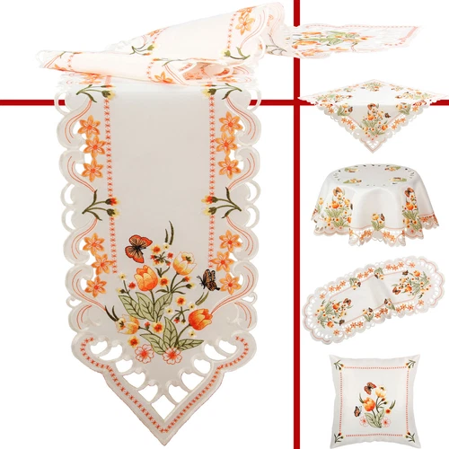 Orange Tulip Butterfly Embroidery Table runner Tablecloth Doily Pillowcase White