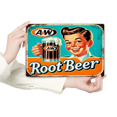 1pc Vintage A&W Root Beer Metal Sign 8x12in - Rustic Boy with Mug Illustration,