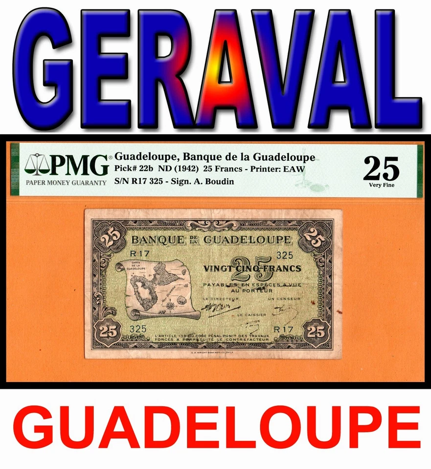 Guadeloupe VF Note 25 Francs ND (1942) P-22b PMG 25 Very Fine, Sig. A. Boudin. - Image 4 of 4