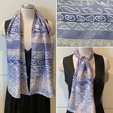 100 Silk Twill Blues Pale Grey Leaves Stripe Scarf 35cmx136cm Handroll Hems