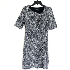 R&K Sz 10 Black Paisley Drape Faux Wrap Dress Short Sleeves