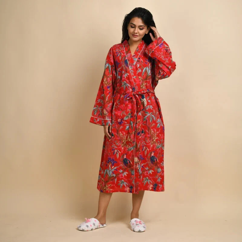 Индийский 100% хлопок длинный кимоно женщин халат красный цвет птица печати кимоно халат - Изображение 3 из 4