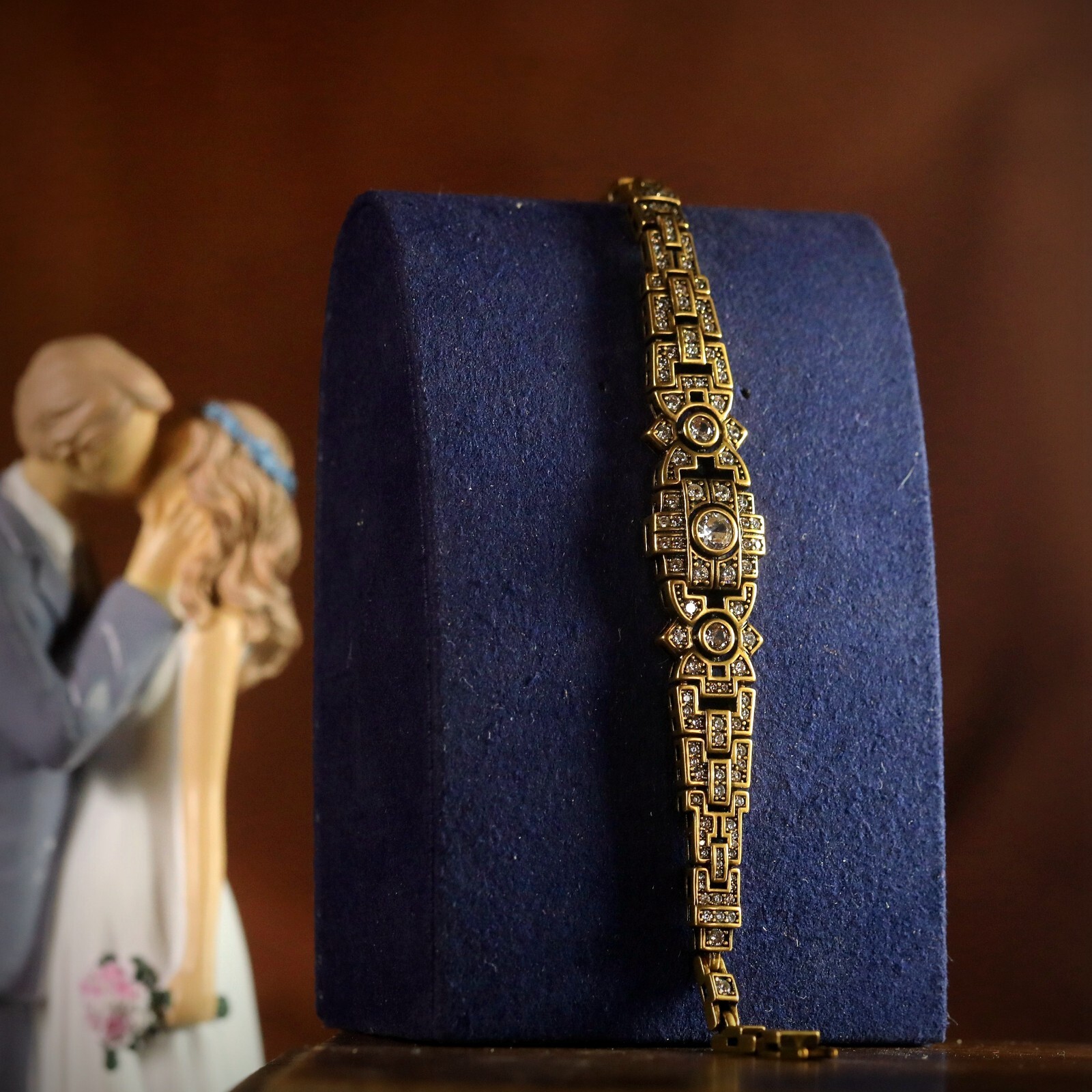 Bracelet doré antique Art Déco floral CZ blanc vintage style 1920s mariage SC11