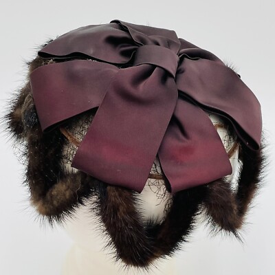 VTG WIRED BROWN MINK FUR RABBIT SATIN BOW CIRCLE PILLBOX HAT CRISS CROSS