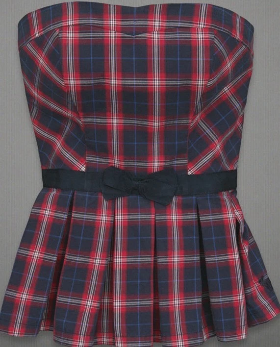 Abercrombie and Fitch Tube Top Strapless Red Navy Blue white Plaid Ribbon XS
