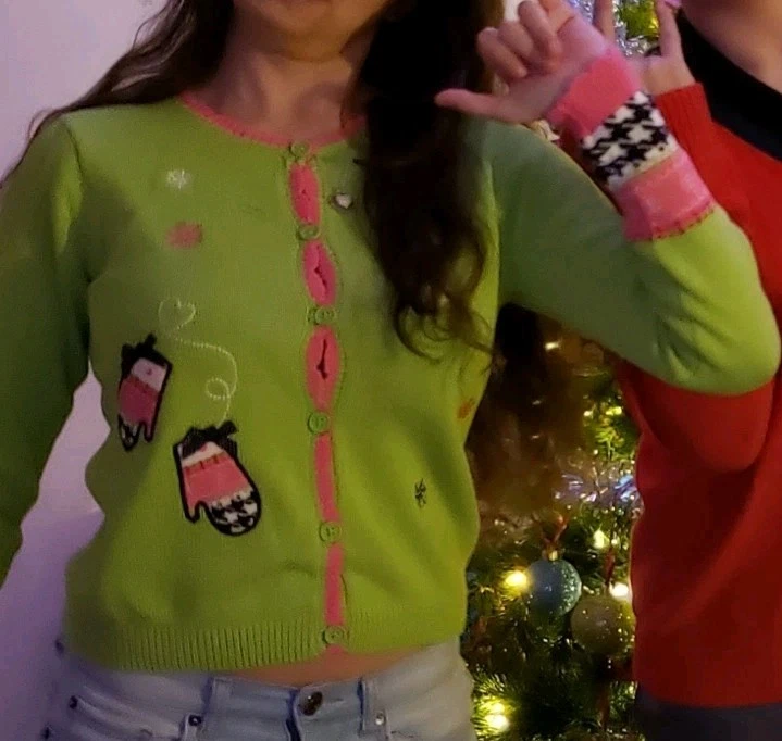Hartstrings Holiday Cardigan Apple Green Hot Pink Trim 14/16 Girls    Worn Once - Image 2 of 4