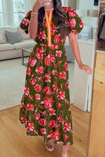 Green Floral Print Striped Trim Split Neck Short Puff Sleeve Ruffle Hem Maxi Dre