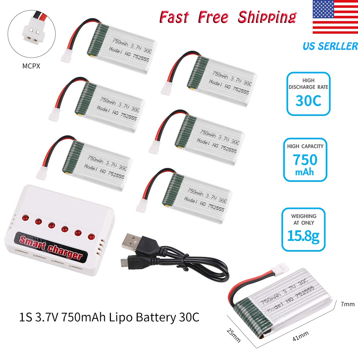 6pcs 750mAh 3.7V 1S Lipo Battery 30C with 6 in 1 Charger for