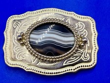Black White Banded Agate 30 x 40mm Cabochon Cab Stone Silver Tone Belt Buckle