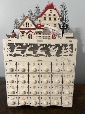 Lighted Wooden Advent Calendar 3D Village Scene LED 24 Drawers 14.5  Tall