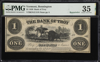 #ad #ad 1859 Bennington VT The Bank of Troy $1 Note PMG 35 Choice $139.00