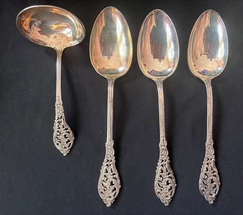 Reed & Barton Florentine Lace Sterling Silver Serving Spoons & Ladle — 4 pcs