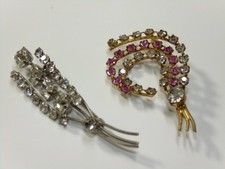 2x Vintage Sprig Brooches, Pink and White Stones