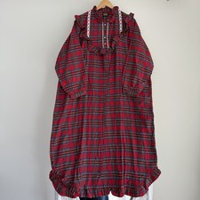 Vintage Red Tartan Plaid Nightgown Dress L Flannel Cotton Lace Granny Victorian