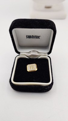 Vintage Swank Gold-Tone Letter ''M'' Tie Tack With Chain In Velvet Box 3/8''