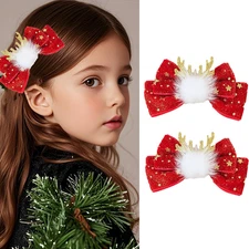 Christmas Reindeer Antlers Hair Clips with Red Glitter Bows 2 Pack, Festive Holi