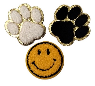 Paw Print Smile 3D Chenille Patch Set of 3 Iron On  Gold   Sparkle Black & White