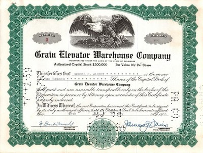 Grain Elevator Warehouse Co. - Original Stock Certificate - 1956 - #3