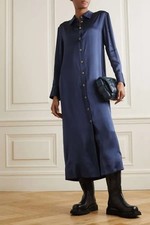 LOULOU STUDIO Ara Satin Midi Long Sleeve Shirt Dress In Navy Blue XS Org $565