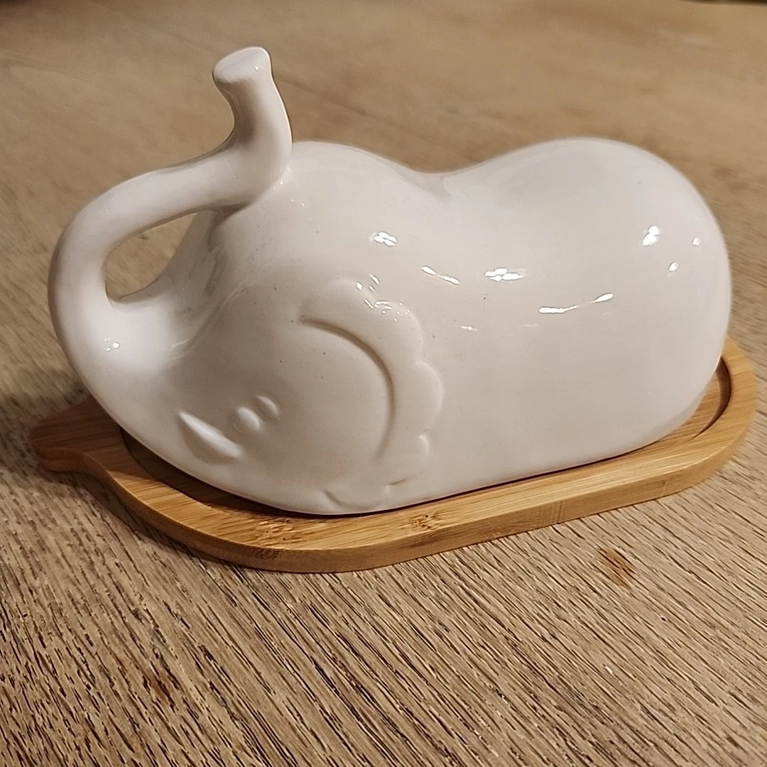 White Elephant Shape Butter Dish Lid Animal Theme Ceramic Elephant Wood Base