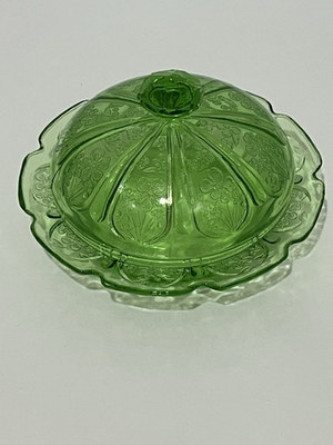 #ad #ad VTG Uranium Depression Glass covered butter dish in the Cherry Blossom Pattern $39.95