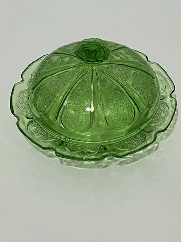 VTG Uranium Depression Glass covered butter dish in the Cherry Blossom Pattern