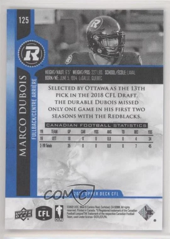 2021 Upper Deck CFL Blue Marco Dubois #125 - Image 2 of 2