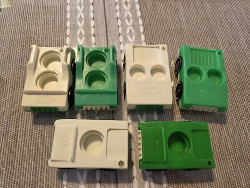 Vintage Fisher Price little people set/6 green white 1-seater and 2-seater cars