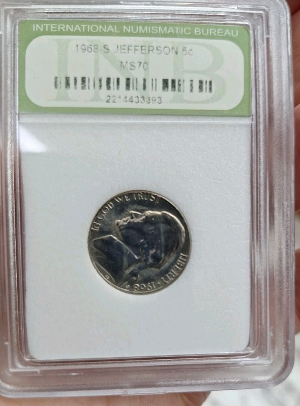1968 S PROOF JEFFERSON NICKEL *** MS70 INTERNATIONAL NUMISMATIC BUREAU
