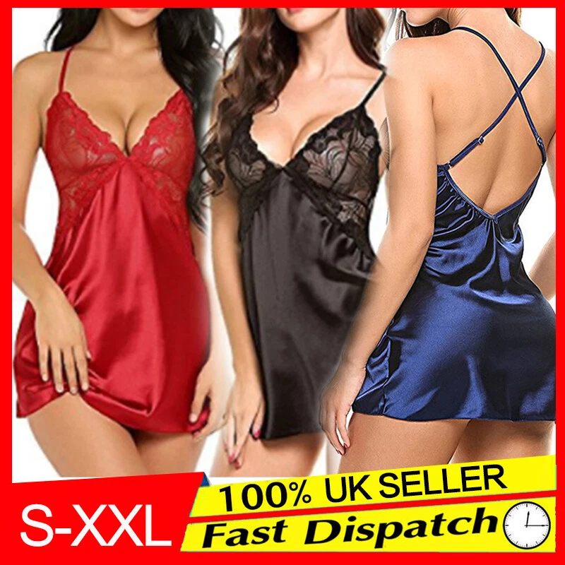 Women Sexy Satin Silk Nightdress Lace Lingerie Sleepwear Ladies