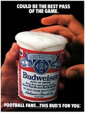 1985 Budweiser Print Ad, Football Fans Best Pass Of The Game Stadium Beer Cup