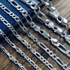 Real Sterling Silver Mens Diamond Cut Figaro Chain Necklace 925 Italy Stamp