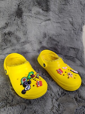 Crocs Classic Clogs Girls Sandals J3 Yellow Slingback Faux Fur