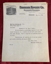 Vintage 1924 Parisian Novelty Co. Advertising Chicago Illinois Letterhead Paper