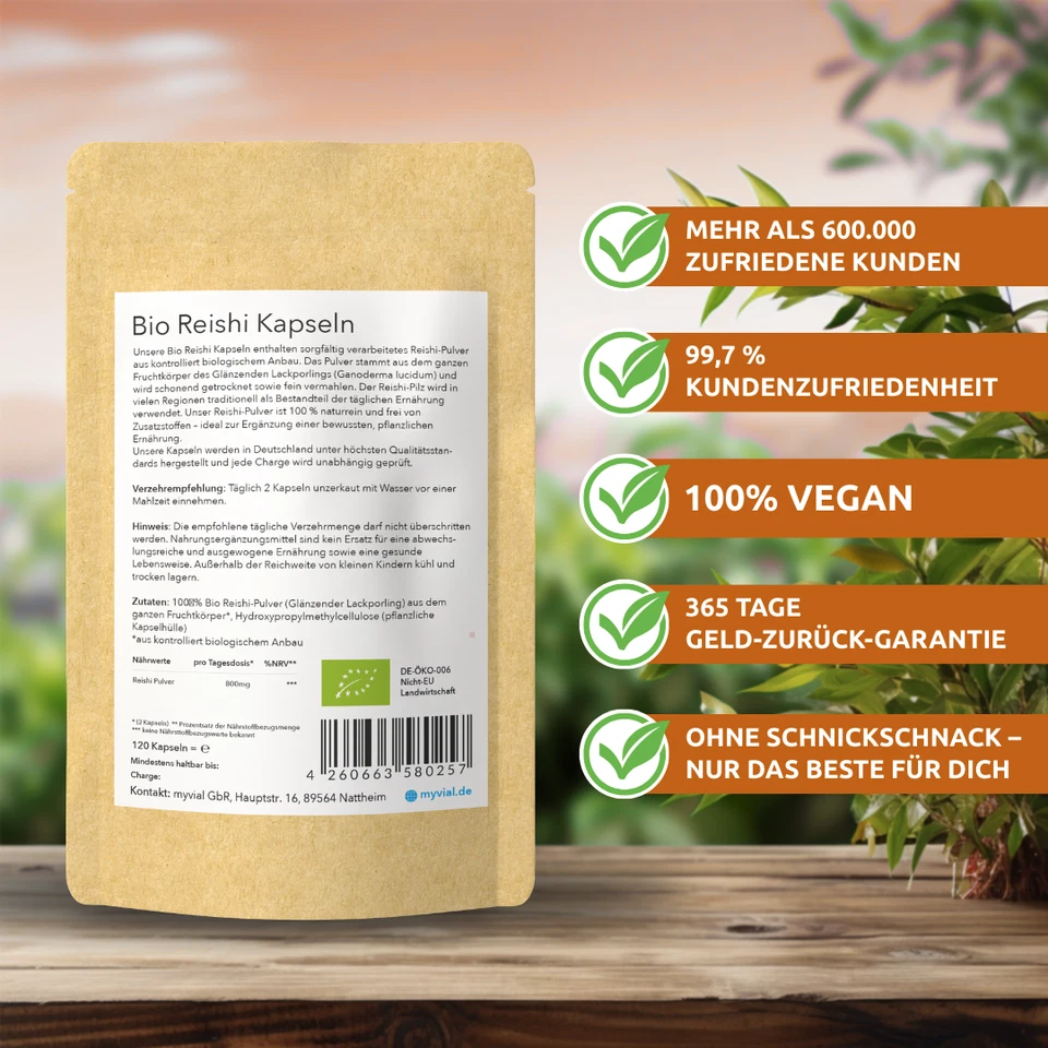 Bio Reishi Kapseln 120 Stück 400 mg pro Kapsel Vegan 60 Tage Vorrat - Bild 4 von 4