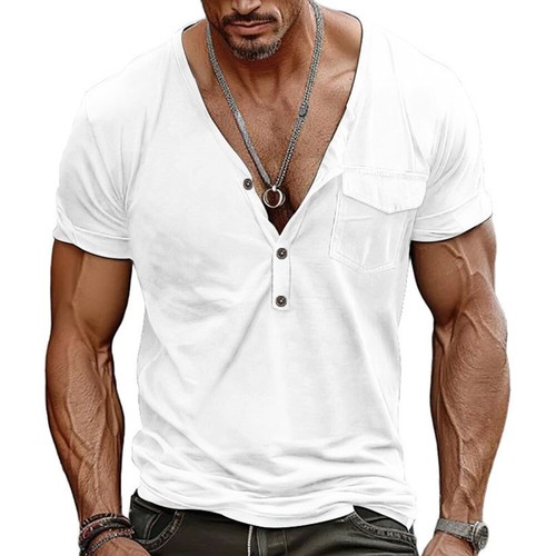 Camiseta Para Hombres Manga Corta Cuello en V Sólida Suelta Deportiva Músculo Camiseta Prendas para el torso Blusa Bolsillos - Imagen 13 de 20