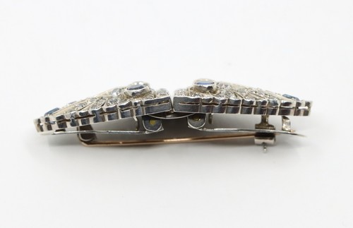14K Gold & Sterling Blue White Sapphire Clips Brooch - Picture 7 of 13