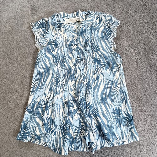 Gaya Women's XS Blue & White Tropical Leaf Print Rayon Shirt – Summer Casual
