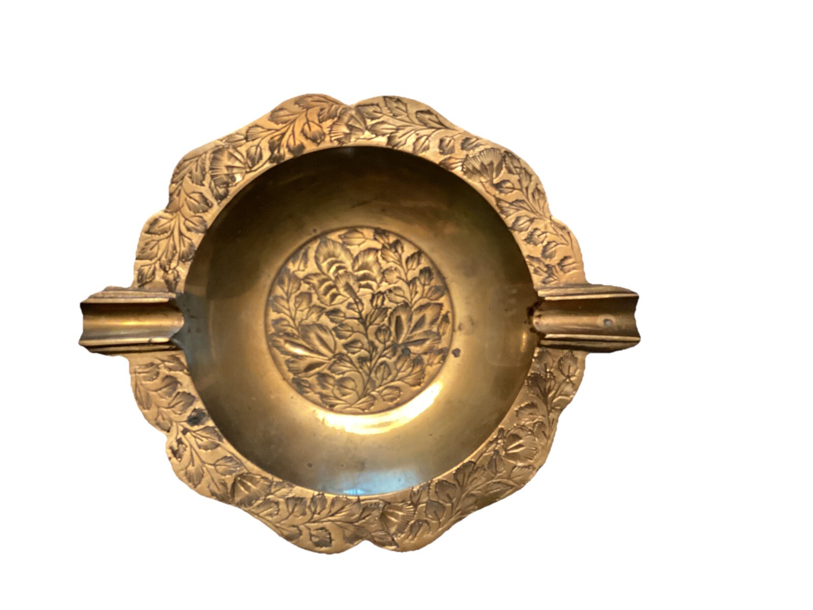Beautiful Brass Cigarette Ashtray Flowers And Leaves Motif Made India Vintage