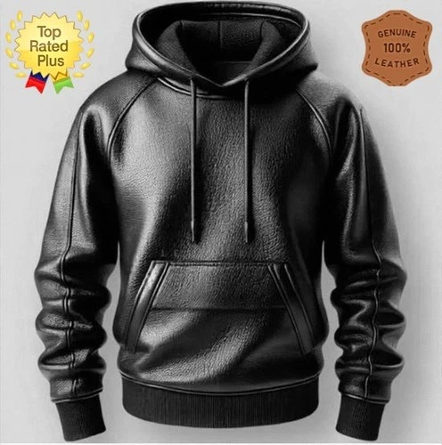 Men's Black Premium Quality Leather Hoodie Handmade Genuine Lambskin Jacket. - product listing photo