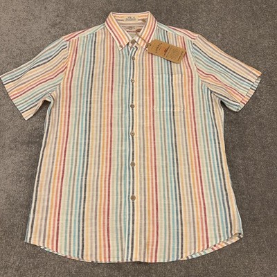 Faherty Breeze Shirt Mens Medium Striped Linen Blend Short Sleeve Button Up NEW