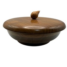Vintage Solid American Walnut Lidded Bowl with Pear Finial Mid Century Modern