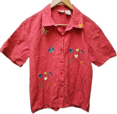 Bobbie Brooks Button Up Shirt Medium 8/10 Coral Orange Embroidered Dragonflies 