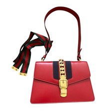 AUTHENTIC Gucci Red Leather Sylvie Sholuder Bag with gold Tone chain And Web