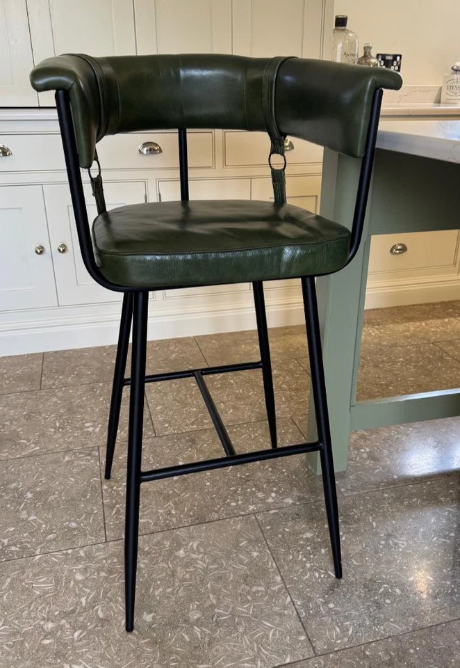 Leather Breakfast Bar Kitchen Counter Stool - Vintage Green Colour - Metal Legs - Image 3 of 4