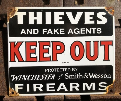 VINTAGE THIEVES KEEP OUT WINCHESTER SMITH WESSON GUN 9.5” PORCELAIN SIGN GAS OIL