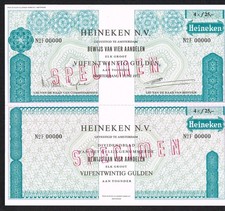 Certificado de stock/bono 100 GULDEN ESPÉCIMEN HOLLAND HEINEKEN BREWERY