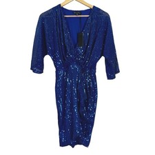 NWT Dress Day Mini Dress Womens S Blue Sequin V-Neck 3/4 Sleeve Event Vegas Glam